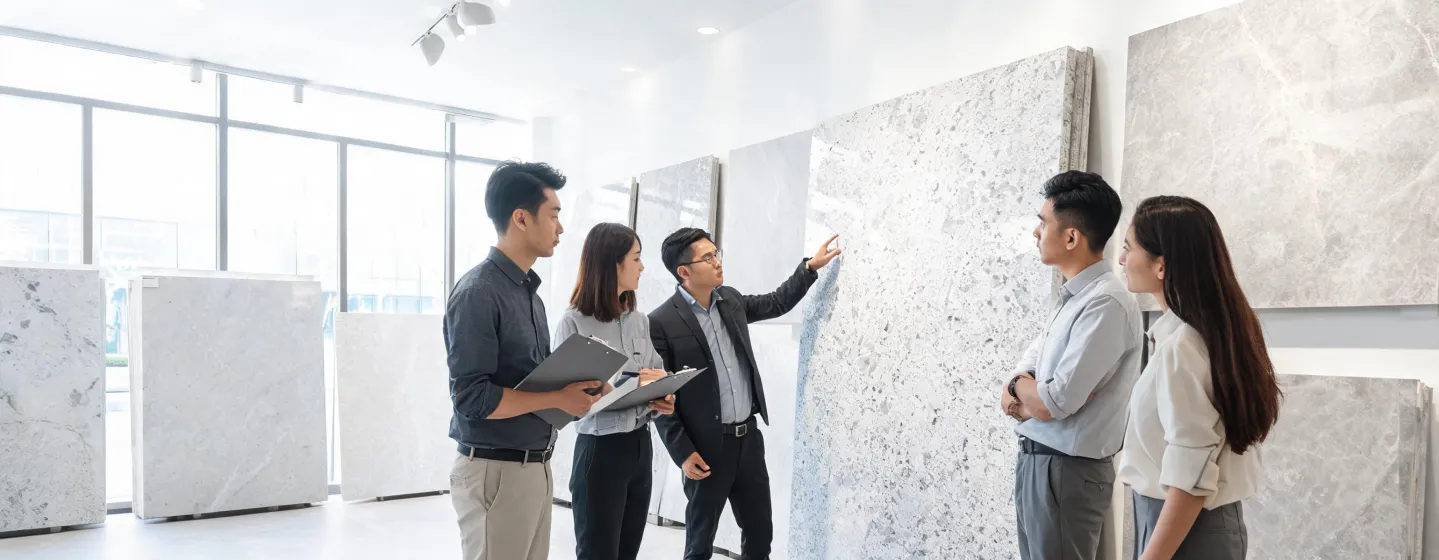 Hanstone Quartz team reviewing slab lots in a light-filled studio