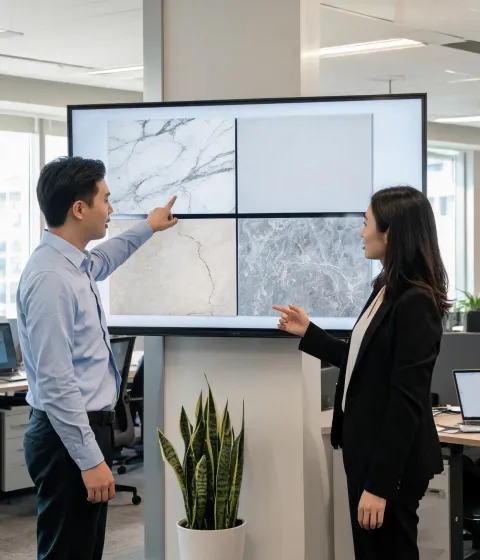 Team discussing slab matching photos