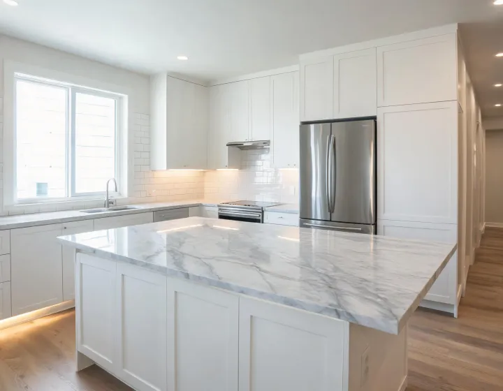 Hanstone Quartz kitchen island with veined engineered quartz countertop
