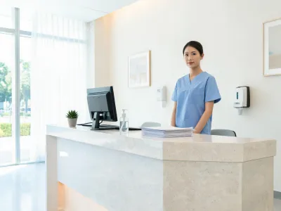 Healthcare clinic reception desk quartz surface