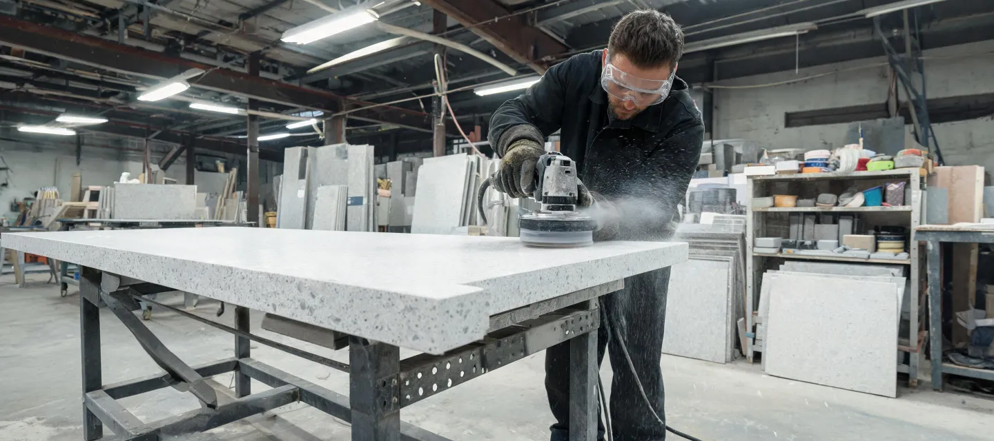 Fabricator polishing Hanstone quartz countertop edge