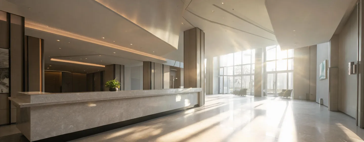 Wide view of a hospitality lobby desk in Hanstone quartz