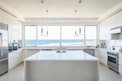 Coastal custom home kitchen quartz island