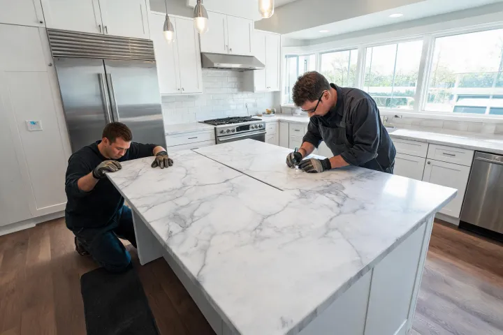 Custom kitchen with Hanstone Matterhorn quartz island