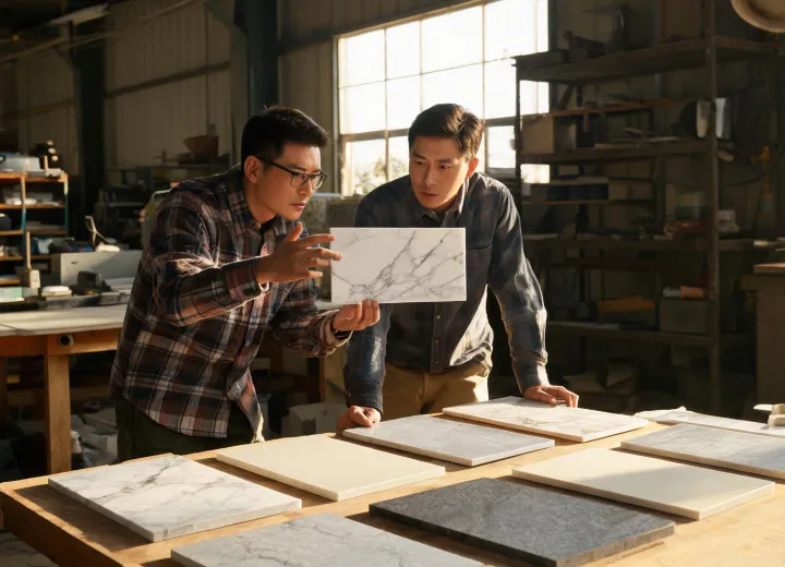 Hanstone specialist reviewing quartz samples with a fabricator