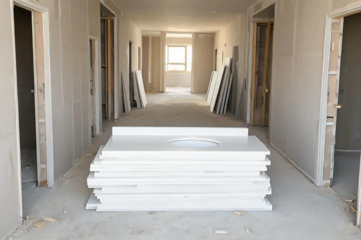 Multifamily vanity tops staged for installation